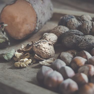 Pomme, patate douce, noix, noisette.